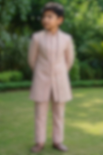 Champagne Gold Cotton Satin Embroidered Indowestern Set For Boys by Bohame Kids at Pernia's Pop Up Shop