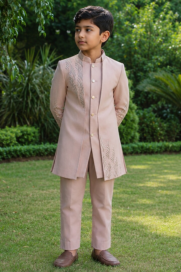 Champagne Gold Cotton Satin Embroidered Indowestern Set For Boys by Bohame Kids at Pernia's Pop Up Shop