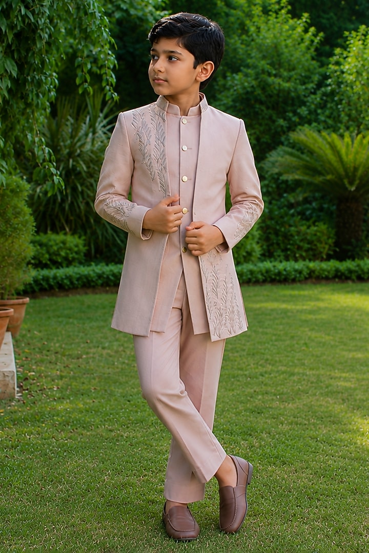 Champagne Gold Cotton Satin Embroidered Indowestern Set For Boys by Bohame Kids at Pernia's Pop Up Shop
