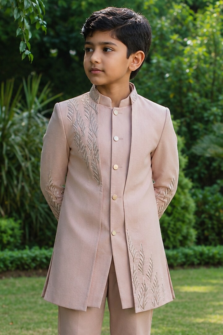 Champagne Gold Cotton Satin Embroidered Indowestern Set For Boys by Bohame Kids at Pernia's Pop Up Shop