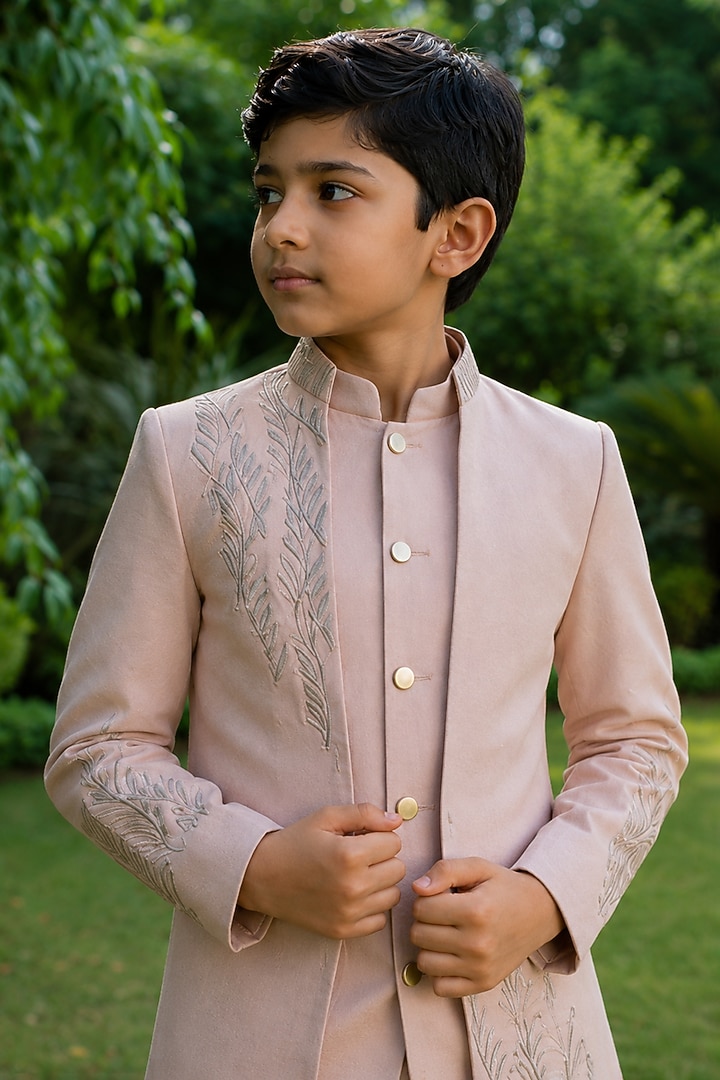 Champagne Gold Cotton Satin Embroidered Indowestern Set For Boys by Bohame Kids at Pernia's Pop Up Shop