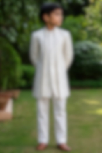 Ivory Tussar Embellished Indowestern Set For Boys by Bohame Kids at Pernia's Pop Up Shop