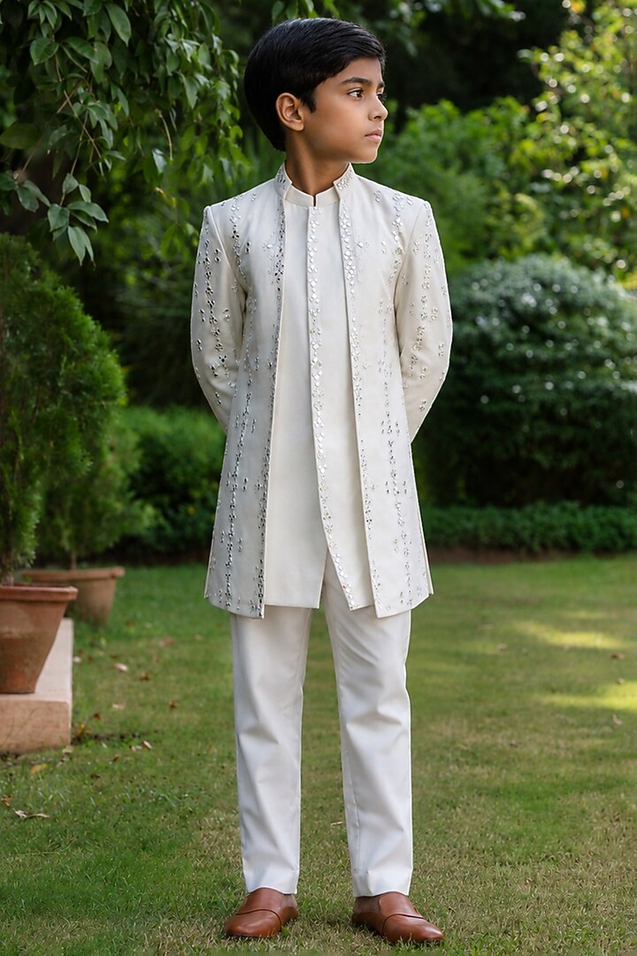Ivory Tussar Embellished Indowestern Set For Boys by Bohame Kids at Pernia's Pop Up Shop