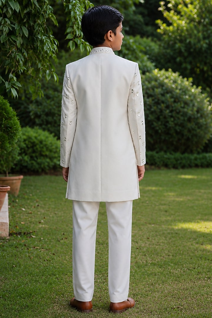 Ivory Tussar Embellished Indowestern Set For Boys by Bohame Kids at Pernia's Pop Up Shop