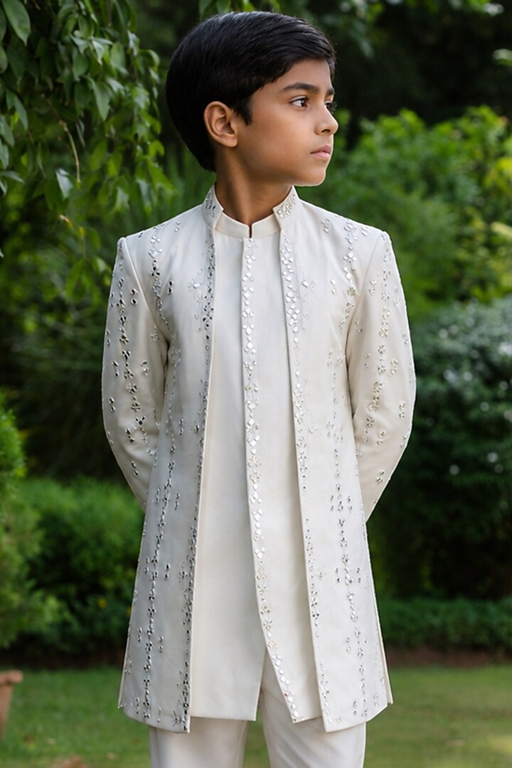 Ivory Tussar Embellished Indowestern Set For Boys by Bohame Kids at Pernia's Pop Up Shop