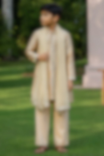 Beige Gold Dupion Silk Mirror Embroidered Kurta Set For Boys by Bohame Kids at Pernia's Pop Up Shop