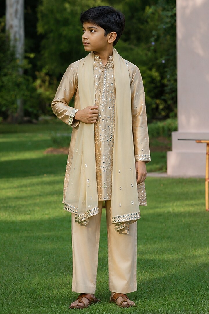 Beige Gold Dupion Silk Mirror Embroidered Kurta Set For Boys by Bohame Kids at Pernia's Pop Up Shop