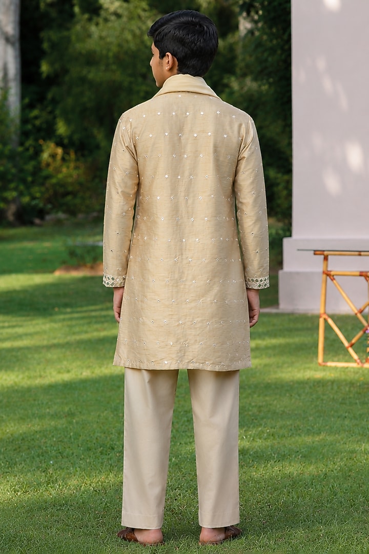 Beige Gold Dupion Silk Mirror Embroidered Kurta Set For Boys by Bohame Kids at Pernia's Pop Up Shop