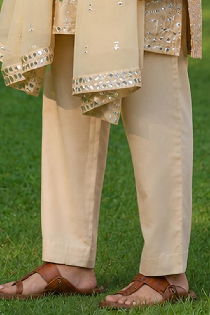 Beige Gold Dupion Silk Mirror Embroidered Kurta Set For Boys by Bohame Kids at Pernia's Pop Up Shop