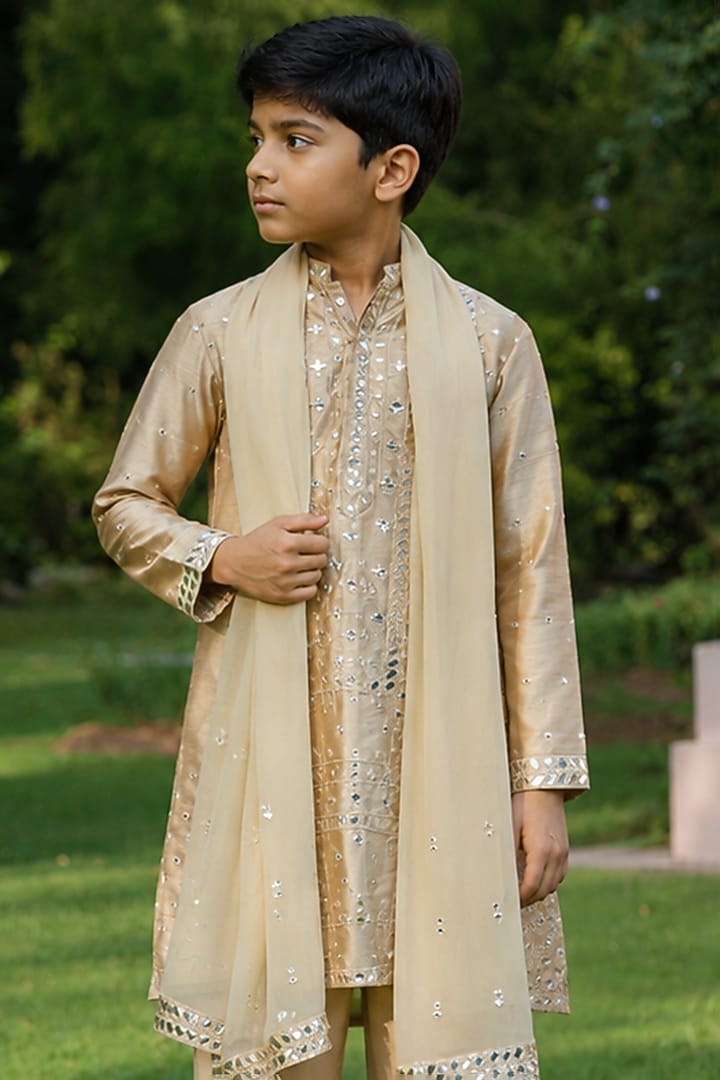Beige Gold Dupion Silk Mirror Embroidered Kurta Set For Boys by Bohame Kids at Pernia's Pop Up Shop