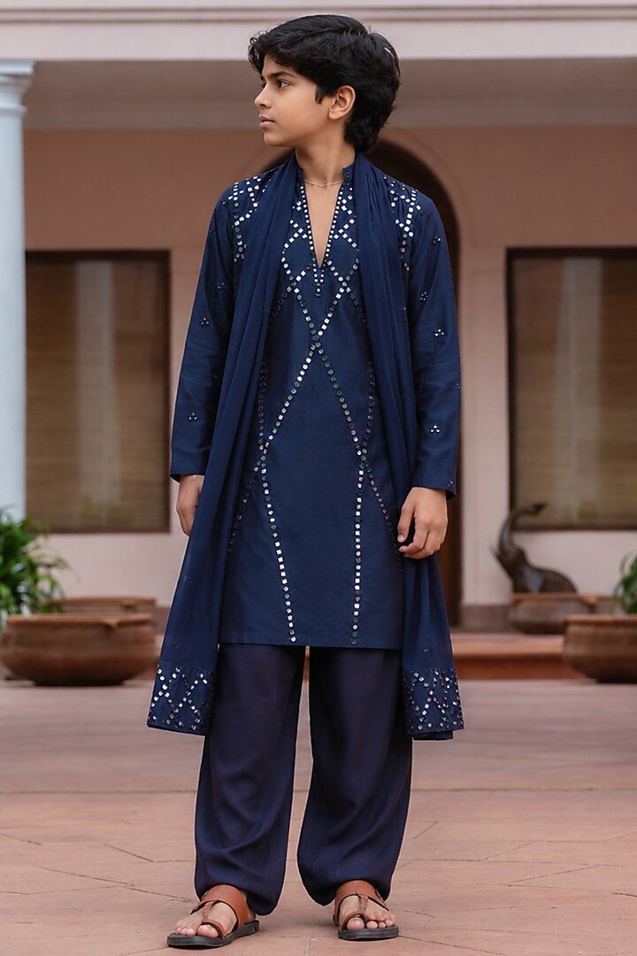 Navy Blue Chanderi Mirror Embroidered Kurta Set For Boys by Bohame Kids at Pernia's Pop Up Shop