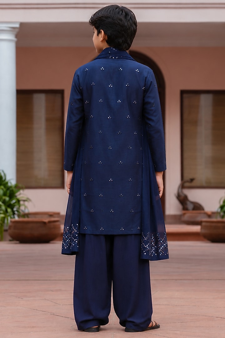 Navy Blue Chanderi Mirror Embroidered Kurta Set For Boys by Bohame Kids at Pernia's Pop Up Shop