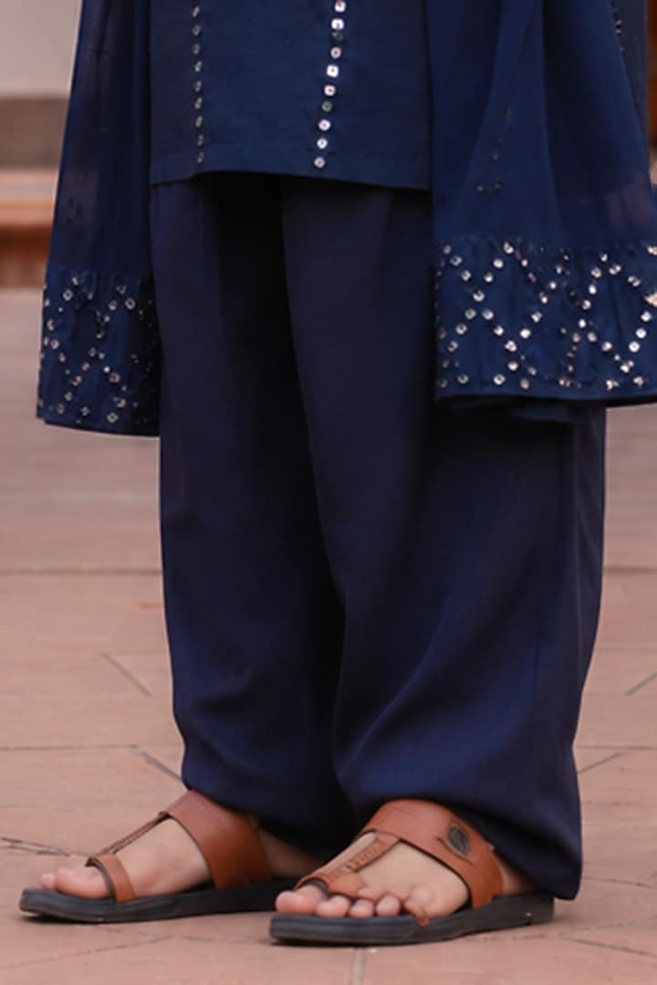 Navy Blue Chanderi Mirror Embroidered Kurta Set For Boys by Bohame Kids at Pernia's Pop Up Shop
