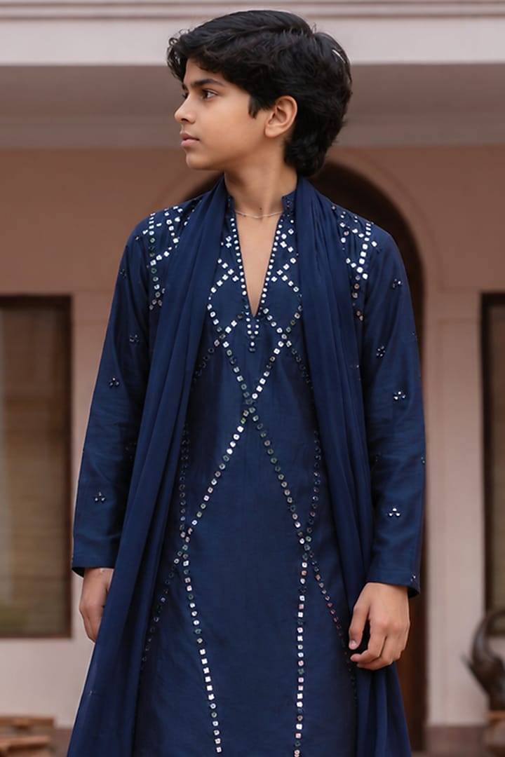 Navy Blue Chanderi Mirror Embroidered Kurta Set For Boys by Bohame Kids at Pernia's Pop Up Shop
