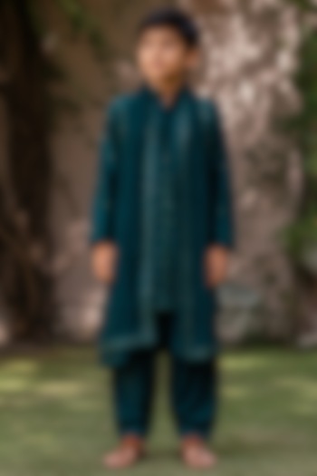 Bottle Green Dupion Silk Embroidered Kurta Set For Boys by Bohame Kids at Pernia's Pop Up Shop