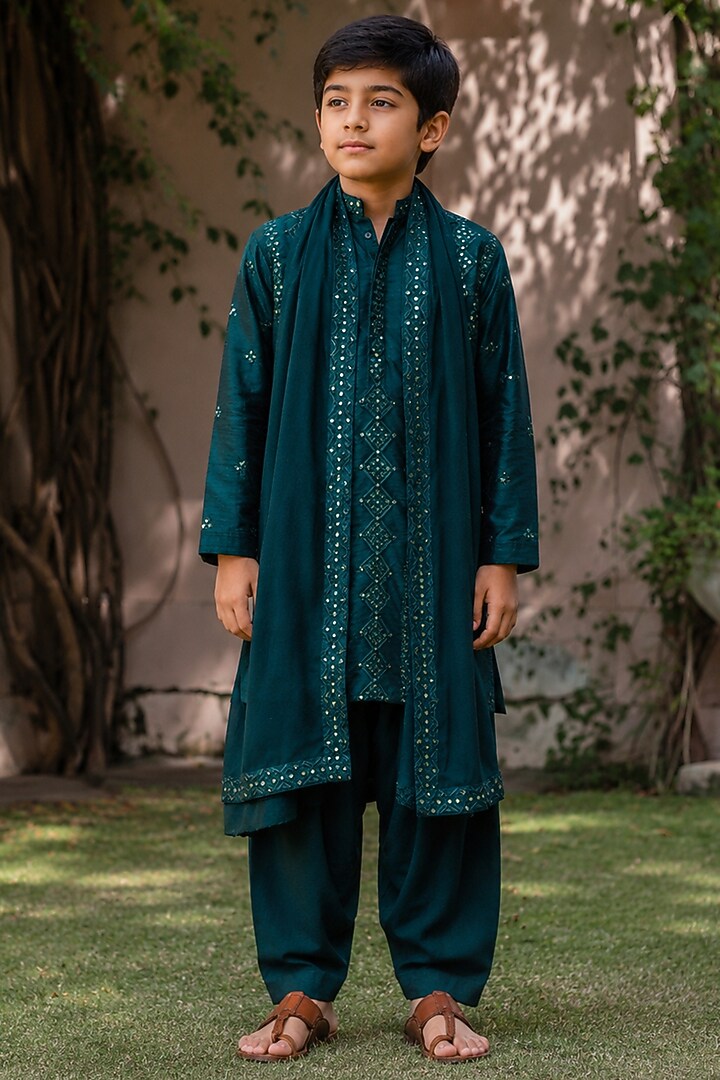 Bottle Green Dupion Silk Embroidered Kurta Set For Boys by Bohame Kids at Pernia's Pop Up Shop