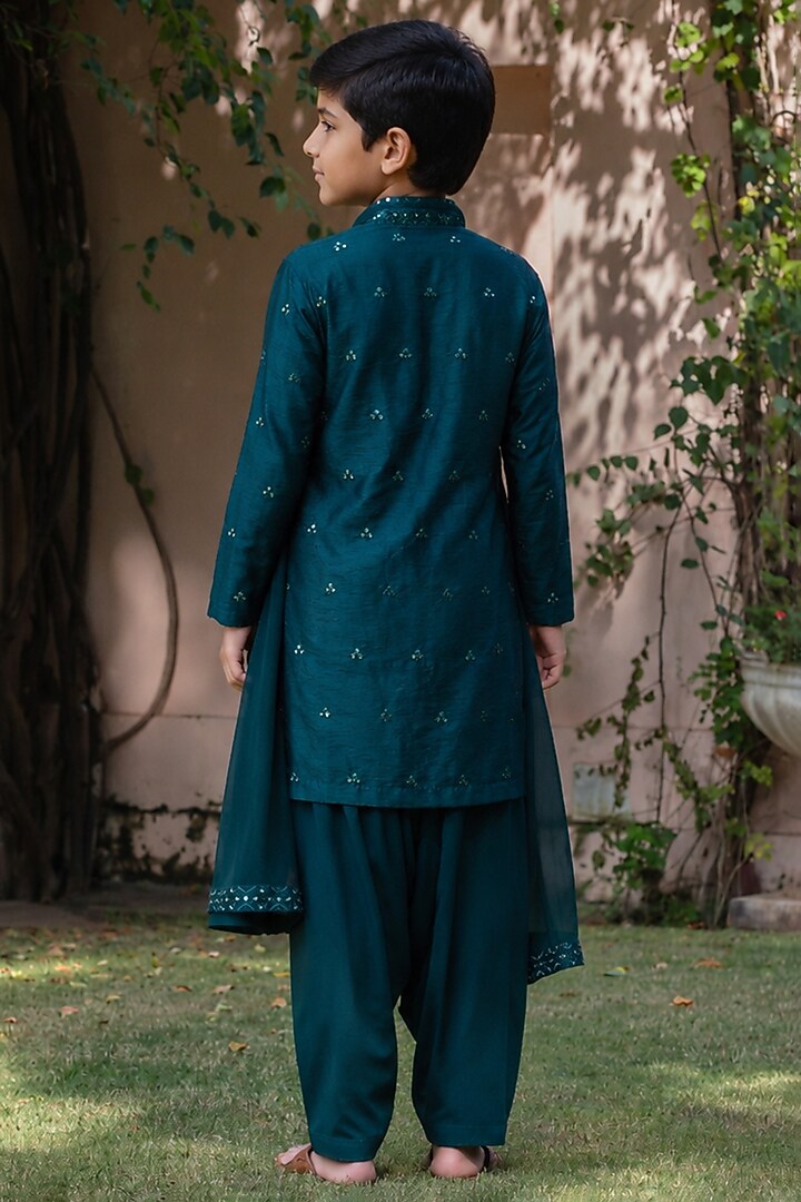 Bottle Green Dupion Silk Embroidered Kurta Set For Boys by Bohame Kids at Pernia's Pop Up Shop