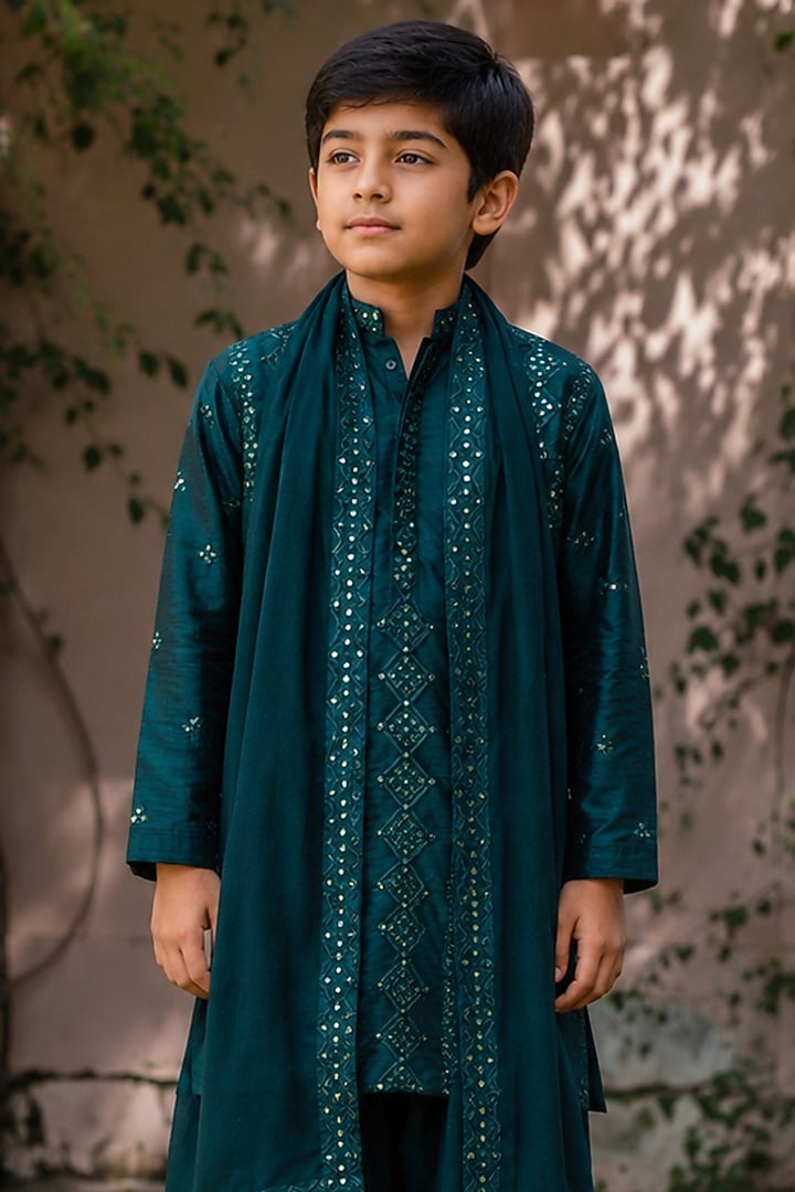 Bottle Green Dupion Silk Embroidered Kurta Set For Boys by Bohame Kids at Pernia's Pop Up Shop