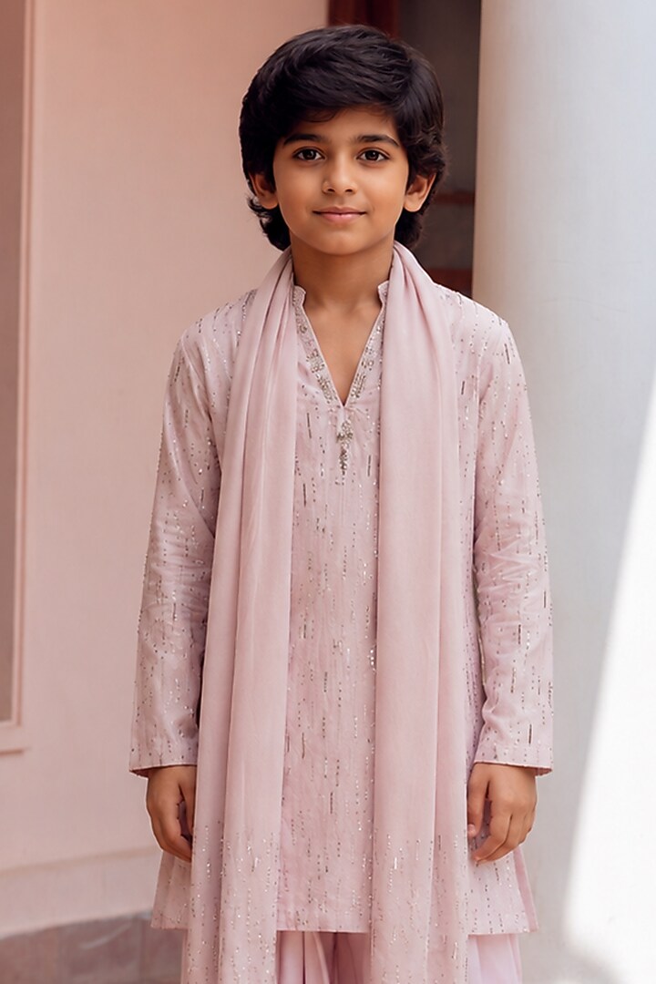 Lilac Chanderi Embroidered Kurta Set For Boys by Bohame Kids at Pernia's Pop Up Shop