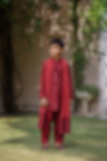 Maroon Dupion Silk Embroidered Kurta Set For Boys by Bohame Kids at Pernia's Pop Up Shop