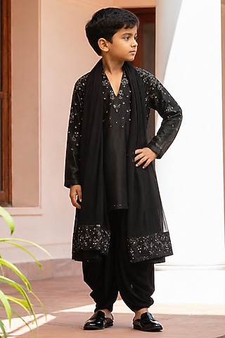 Black Chanderi Embellished Kurta Set For Boys by Bohame Kids