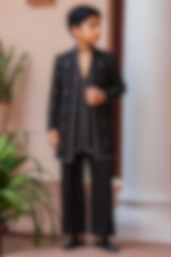 Black Modal Satin Indowestern Set For Boys by Bohame Kids at Pernia's Pop Up Shop