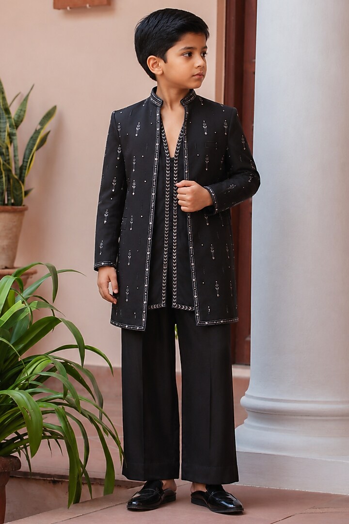 Black Modal Satin Indowestern Set For Boys by Bohame Kids at Pernia's Pop Up Shop