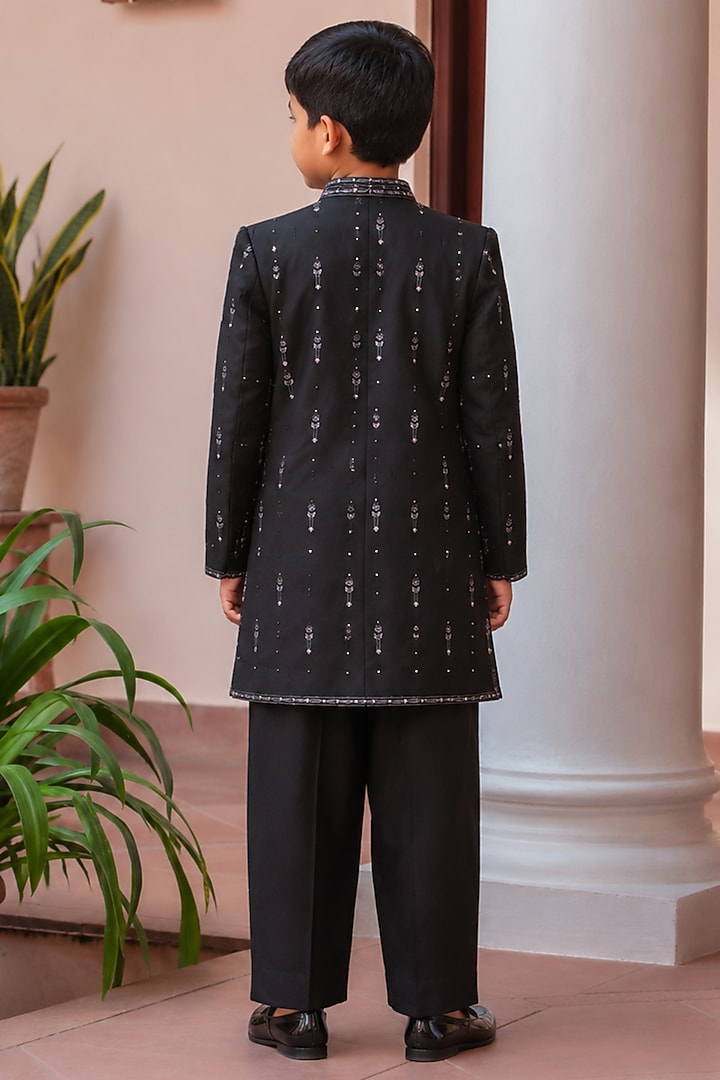 Black Modal Satin Indowestern Set For Boys by Bohame Kids at Pernia's Pop Up Shop