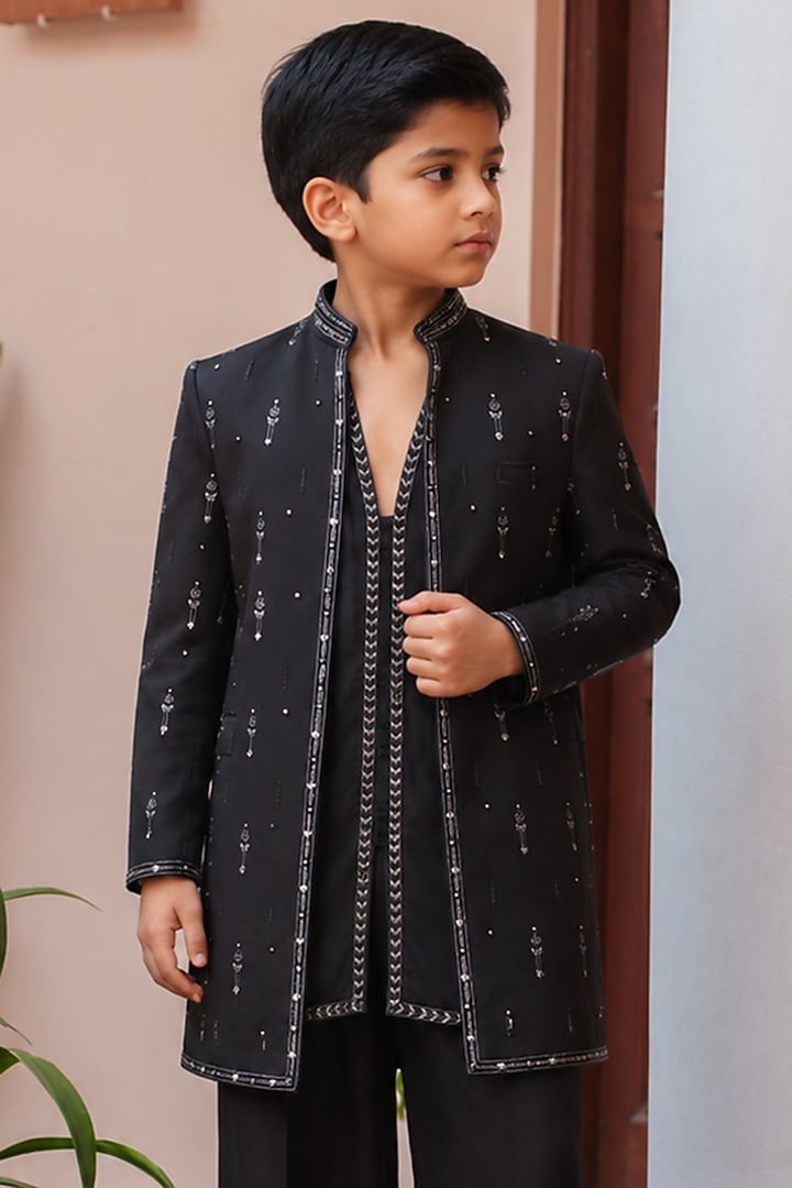 Black Modal Satin Indowestern Set For Boys by Bohame Kids at Pernia's Pop Up Shop