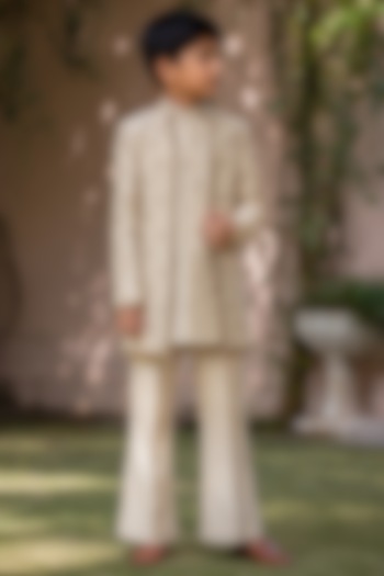 Beige Gold Tussar Silk Embroidered Kurta Set For Boys by Bohame Kids at Pernia's Pop Up Shop