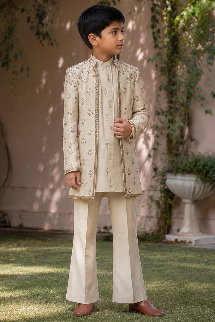 Beige Gold Tussar Silk Embroidered Kurta Set For Boys by Bohame Kids at Pernia's Pop Up Shop