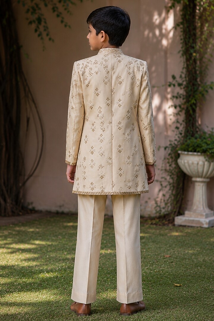 Beige Gold Tussar Silk Embroidered Kurta Set For Boys by Bohame Kids at Pernia's Pop Up Shop