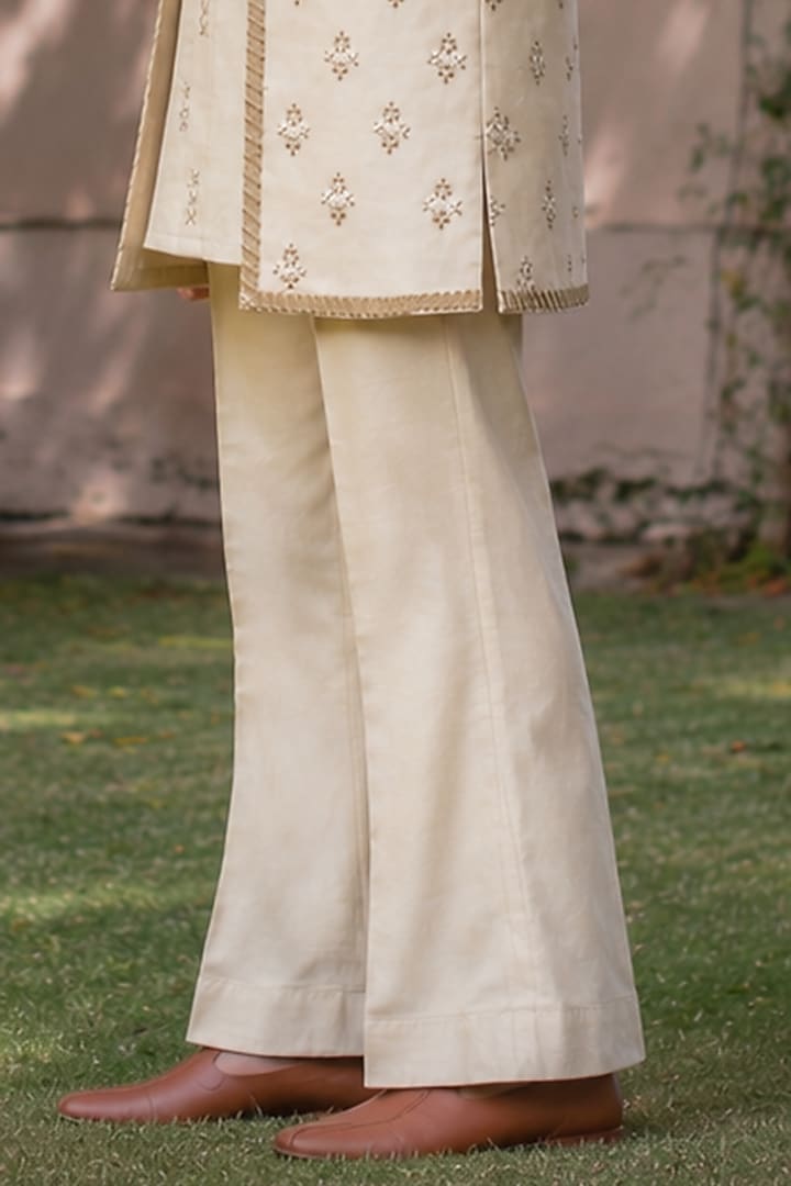 Beige Gold Tussar Silk Embroidered Kurta Set For Boys by Bohame Kids at Pernia's Pop Up Shop