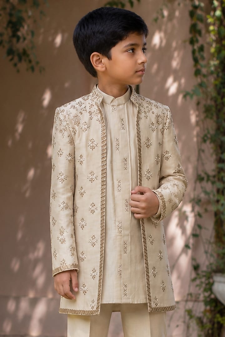 Beige Gold Tussar Silk Embroidered Kurta Set For Boys by Bohame Kids at Pernia's Pop Up Shop