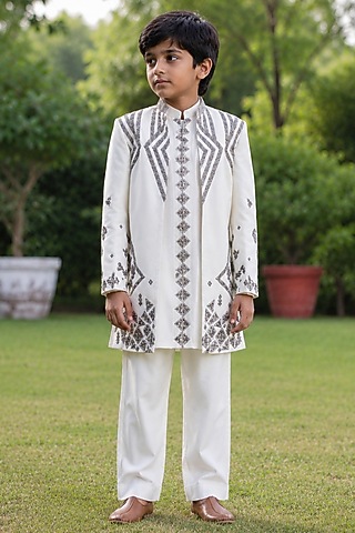 Ivory Tussar Silk Embroidered Kurta Set For Boys by Bohame Kids