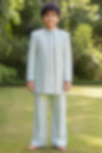 Mint Green Modal Satin Linear Embroidered Indowestern Set For Boys by Bohame Kids at Pernia's Pop Up Shop