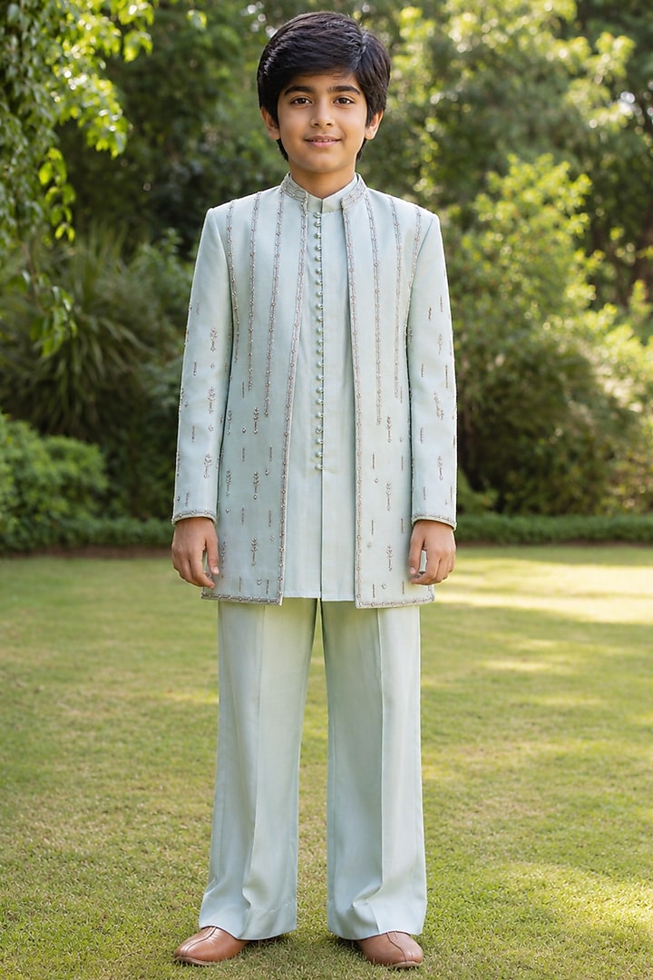 Mint Green Modal Satin Linear Embroidered Indowestern Set For Boys by Bohame Kids at Pernia's Pop Up Shop