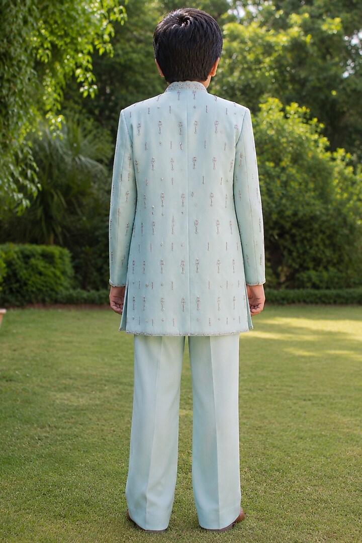 Mint Green Modal Satin Linear Embroidered Indowestern Set For Boys by Bohame Kids at Pernia's Pop Up Shop