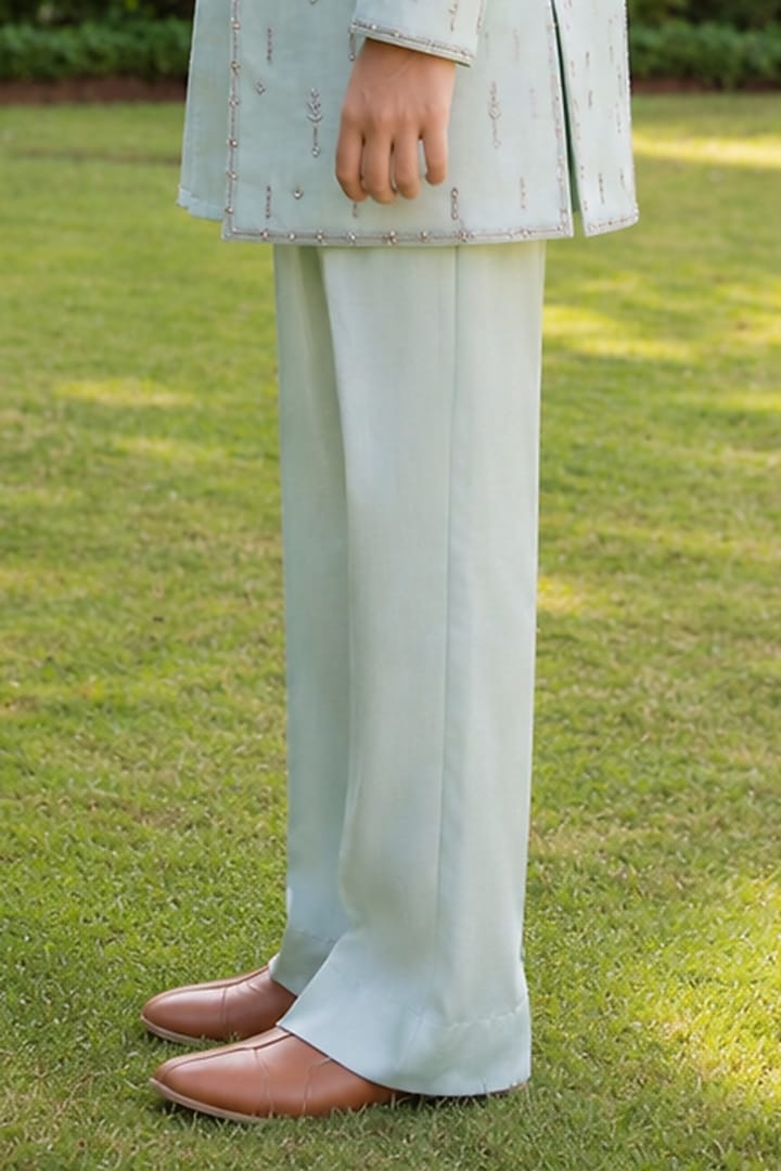 Mint Green Modal Satin Linear Embroidered Indowestern Set For Boys by Bohame Kids at Pernia's Pop Up Shop