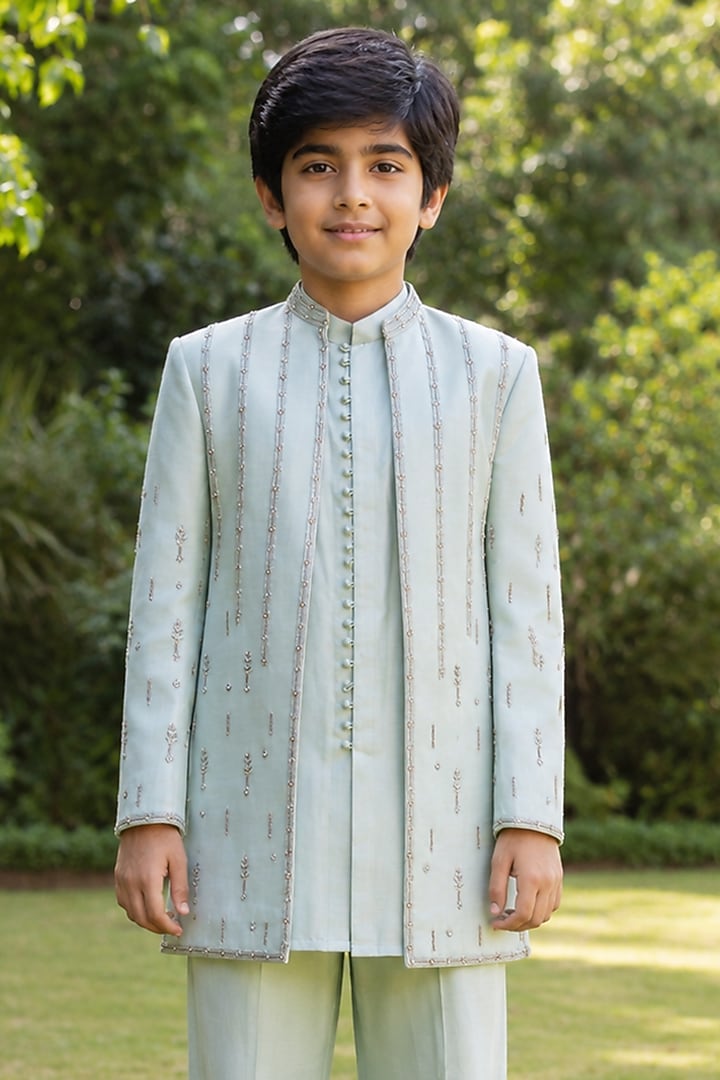 Mint Green Modal Satin Linear Embroidered Indowestern Set For Boys by Bohame Kids at Pernia's Pop Up Shop