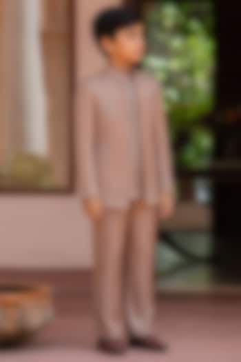 Rose Gold Modal Satin Linear Embroidered Indowestern Set For Boys by Bohame Kids at Pernia's Pop Up Shop