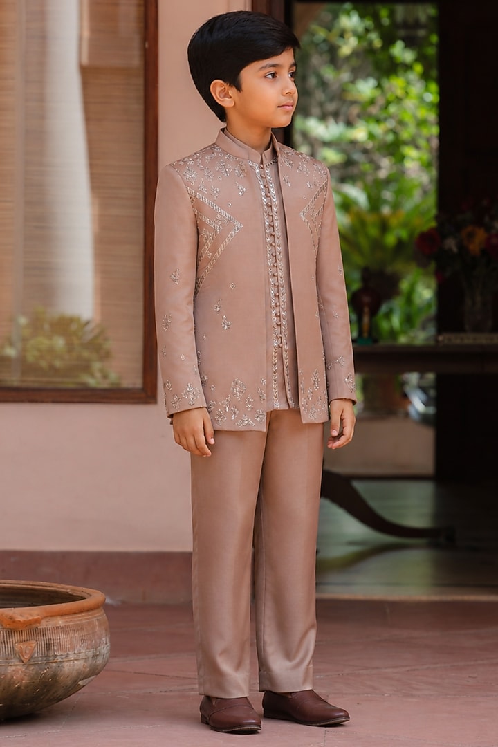 Rose Gold Modal Satin Linear Embroidered Indowestern Set For Boys by Bohame Kids at Pernia's Pop Up Shop