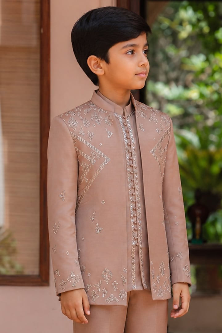 Rose Gold Modal Satin Linear Embroidered Indowestern Set For Boys by Bohame Kids at Pernia's Pop Up Shop