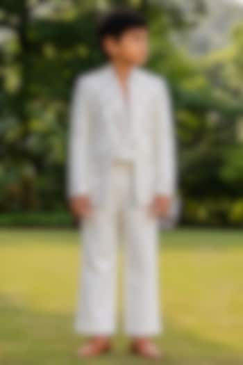 Ivory Modal Satin Embroidered Indowestern Jacket Set For Boys by Bohame Kids at Pernia's Pop Up Shop