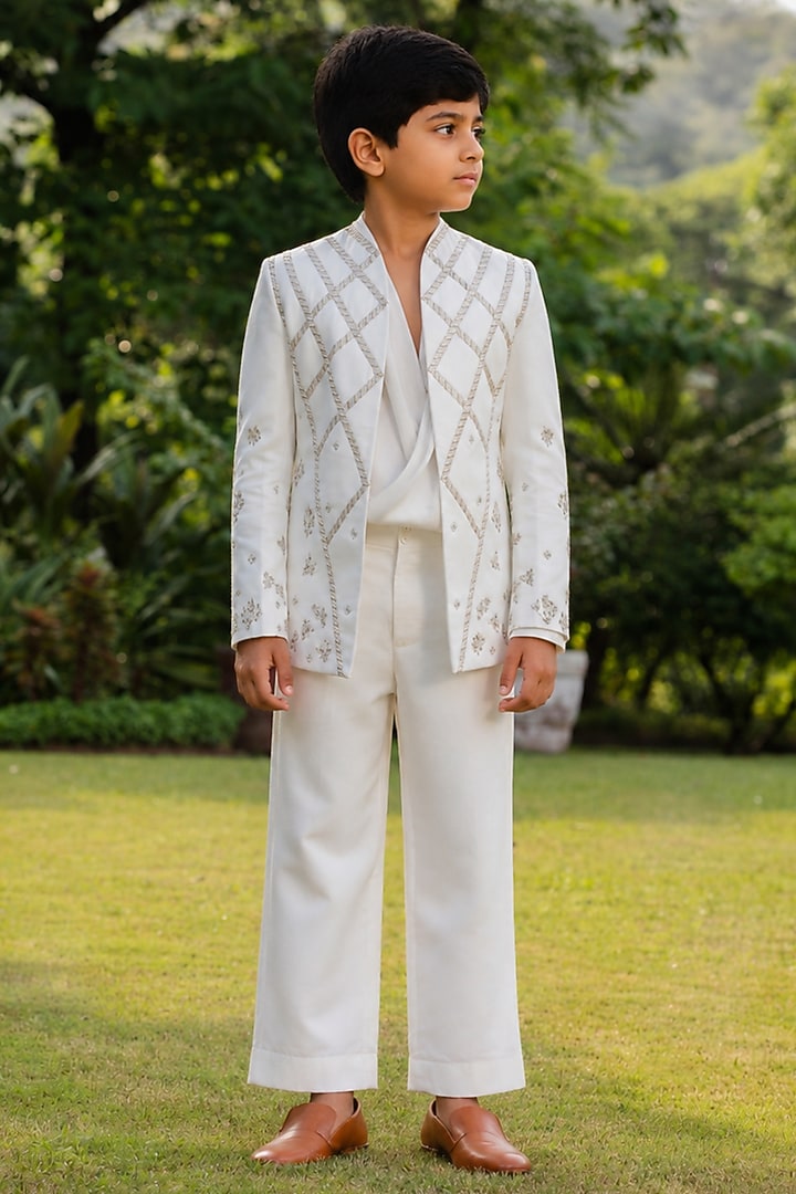 Ivory Modal Satin Embroidered Indowestern Jacket Set For Boys by Bohame Kids at Pernia's Pop Up Shop