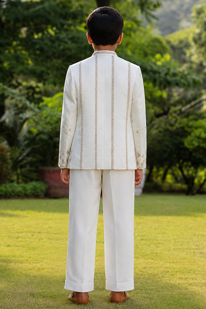 Ivory Modal Satin Embroidered Indowestern Jacket Set For Boys by Bohame Kids at Pernia's Pop Up Shop