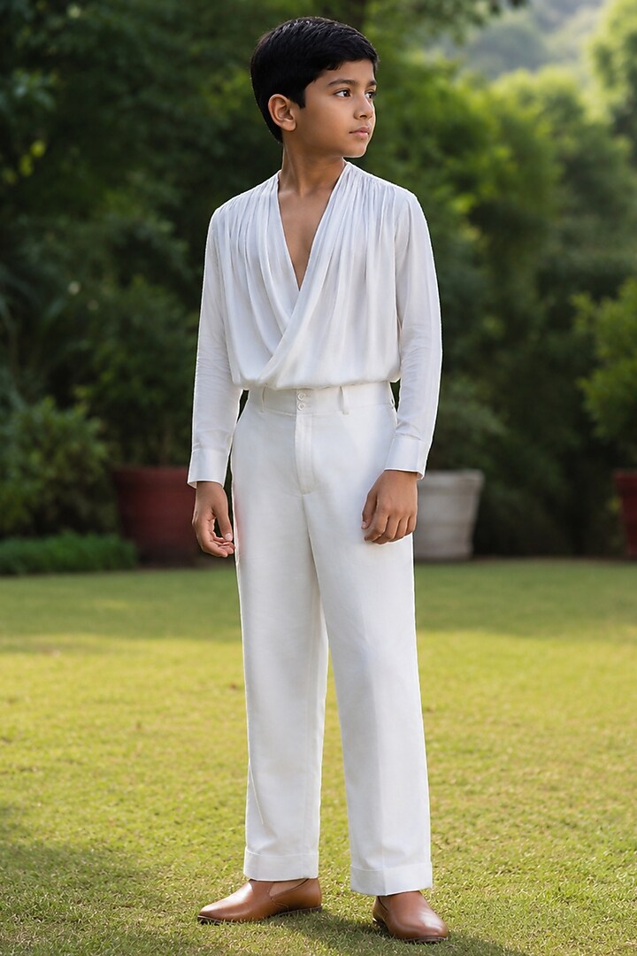 Ivory Modal Satin Embroidered Indowestern Jacket Set For Boys by Bohame Kids at Pernia's Pop Up Shop