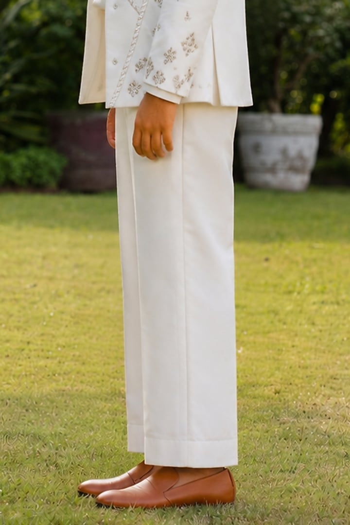 Ivory Modal Satin Embroidered Indowestern Jacket Set For Boys by Bohame Kids at Pernia's Pop Up Shop