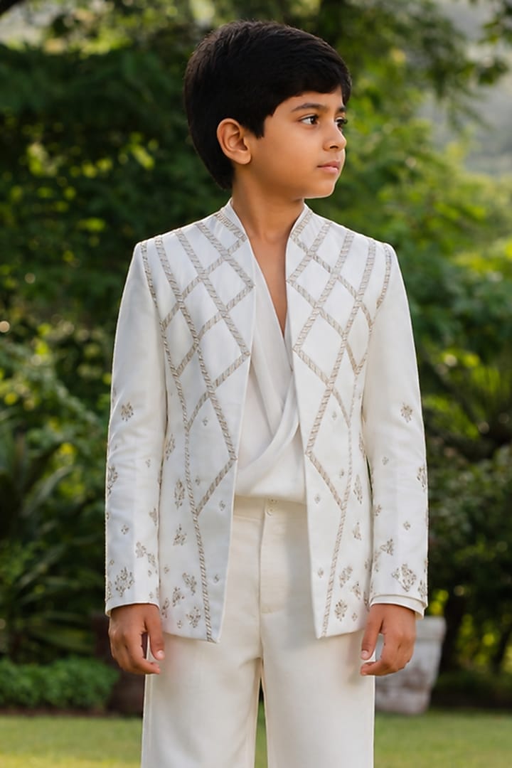 Ivory Modal Satin Embroidered Indowestern Jacket Set For Boys by Bohame Kids at Pernia's Pop Up Shop