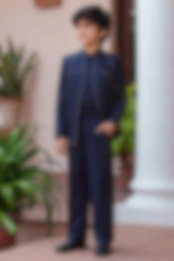 Navy Blue Modal Satin Embroidered Indowestern Jacket Set For Boys by Bohame Kids at Pernia's Pop Up Shop